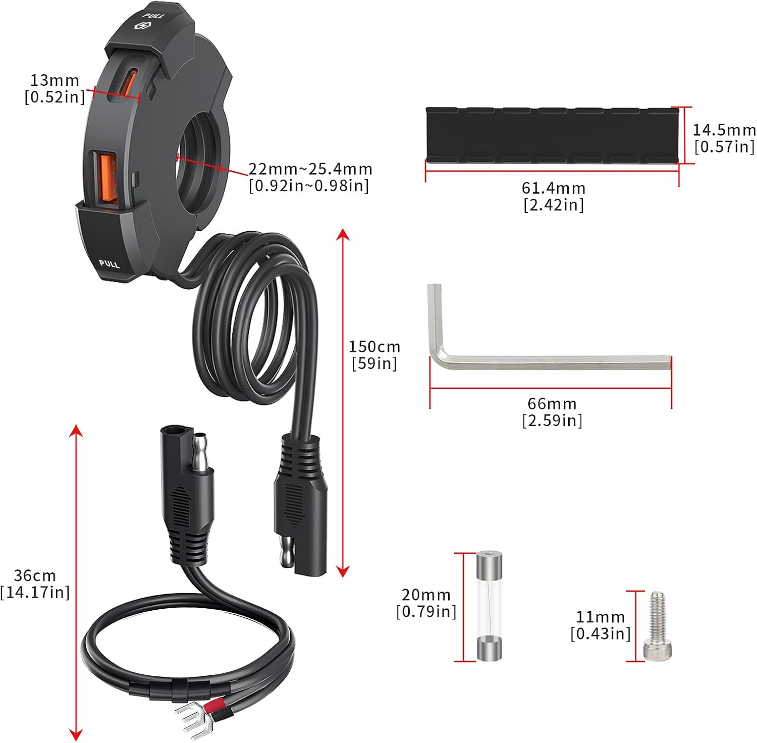 BlueFire Motorcycle USB Charger, Dual Motorcycle Handlebar Socket, USB QC3.0 Type-C 30W PD Fast Car Charger Power Adapter Charger Voltmeter for Phones/Tablets/GPS