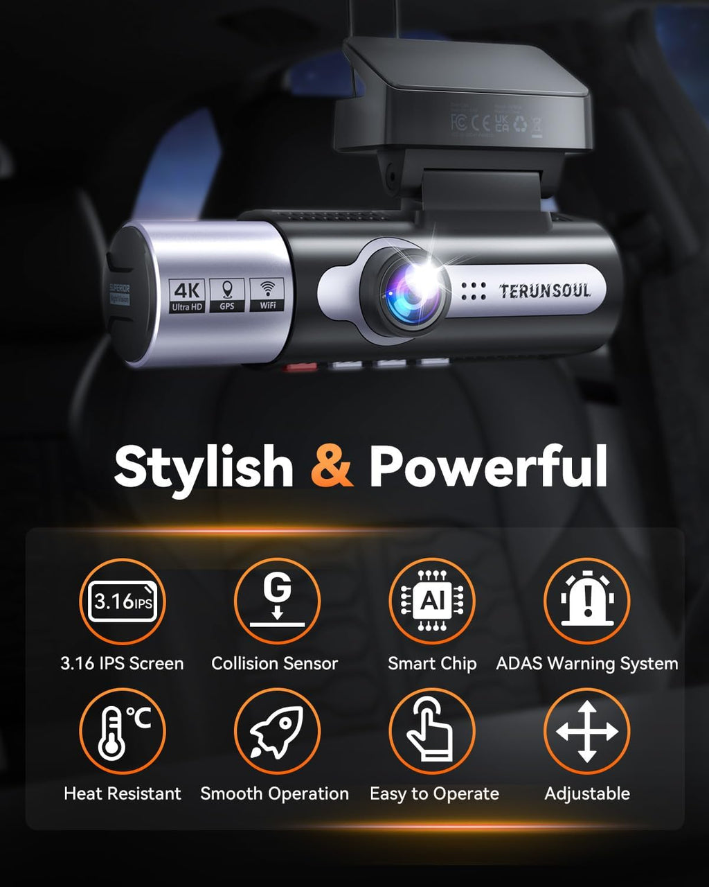 4k dash cam front and rear, full hd on a desk or shelf