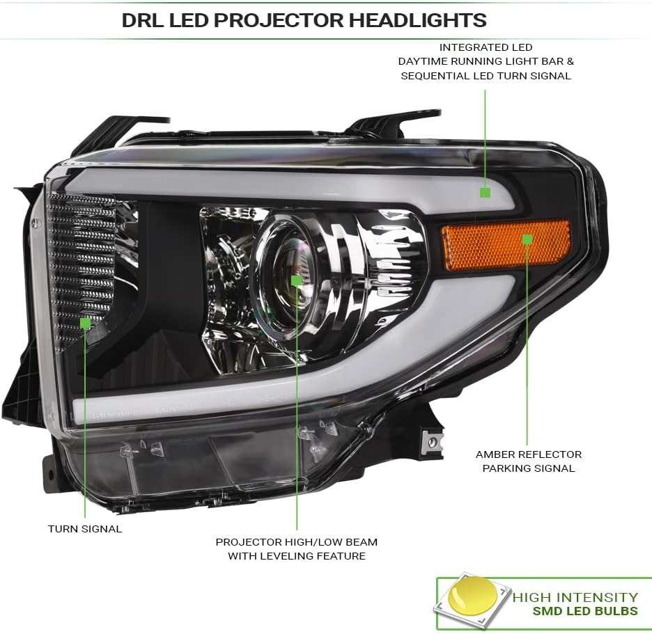 Switchback Sequential LED Strip Tube Bar Black Housing Projector Headlights Amber Reflector nb Compatible With 14-21 Toyota Tundra With Level Adjuster