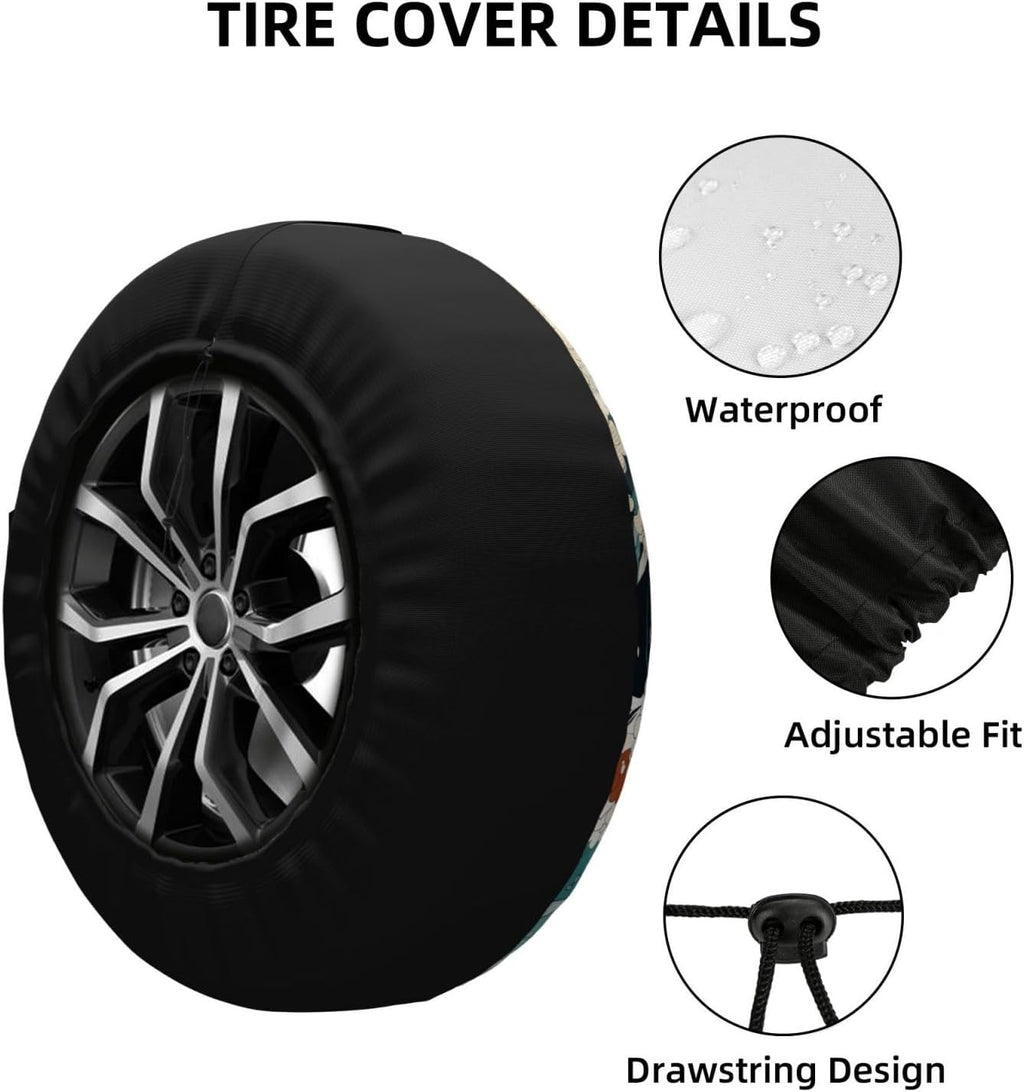 Japanese Wave Floral Pattern Spare Tire Cover 15 inch, Universal Waterproof Dust-Proof Sun Protection Cover with Adjustable Nylon Rope Easy Installation for Jeep Trailer SUV Truck RV