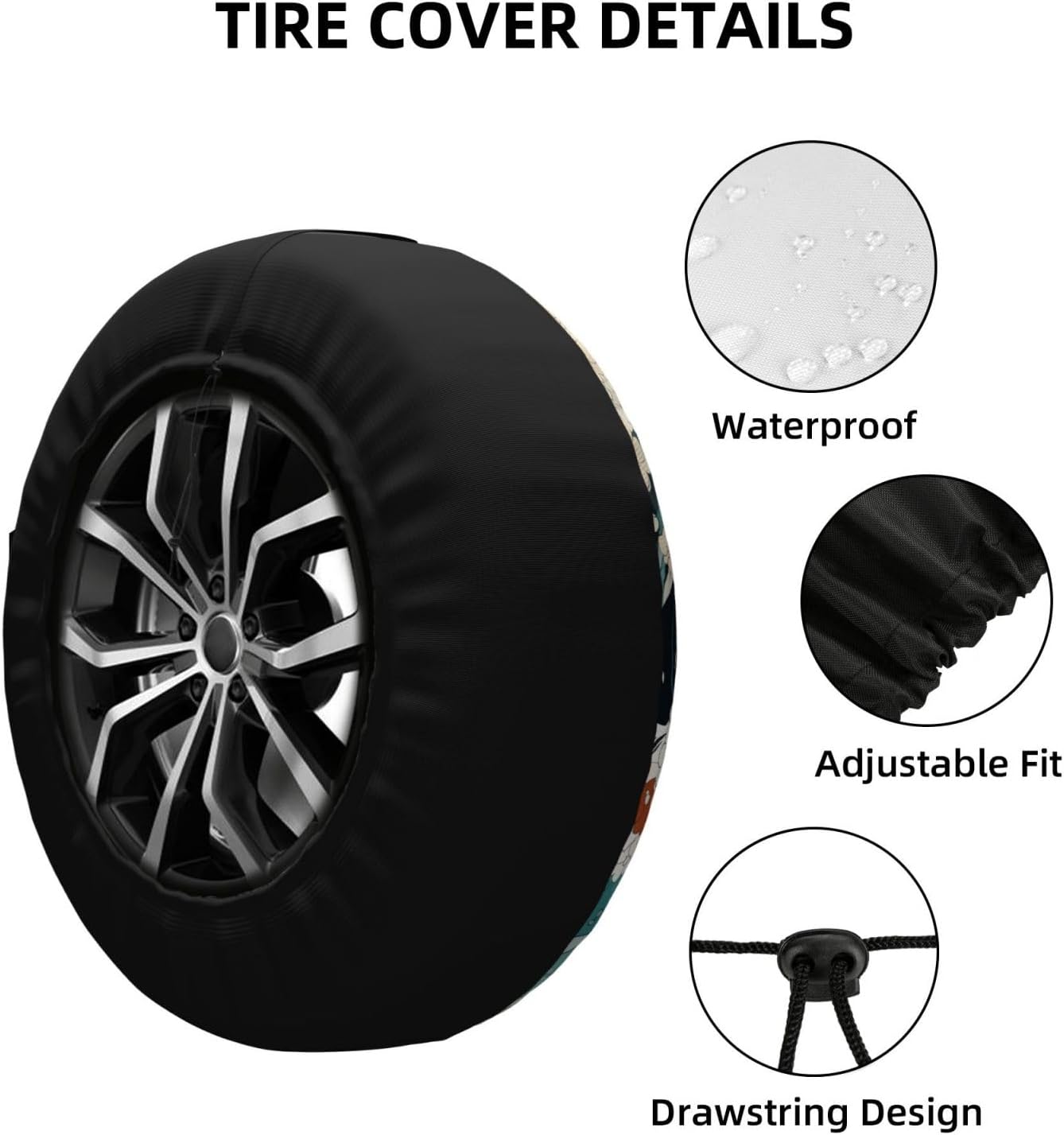 Japanese Wave Floral Pattern Spare Tire Cover 15 inch, Universal Waterproof Dust-Proof Sun Protection Cover with Adjustable Nylon Rope Easy Installation for Jeep Trailer SUV Truck RV