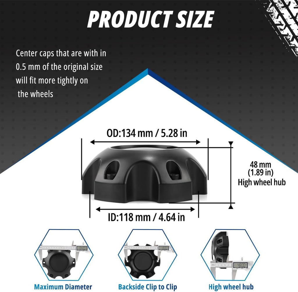4 Pack 134 mm / 5.28 in Black Wheel Center Caps 6 Lug Kit for Ultra Motorsports, 48 mm / 1.89 in Height Hub Caps, Snap-in Replaces 89-9765 ABS-Plastic Rim Covers