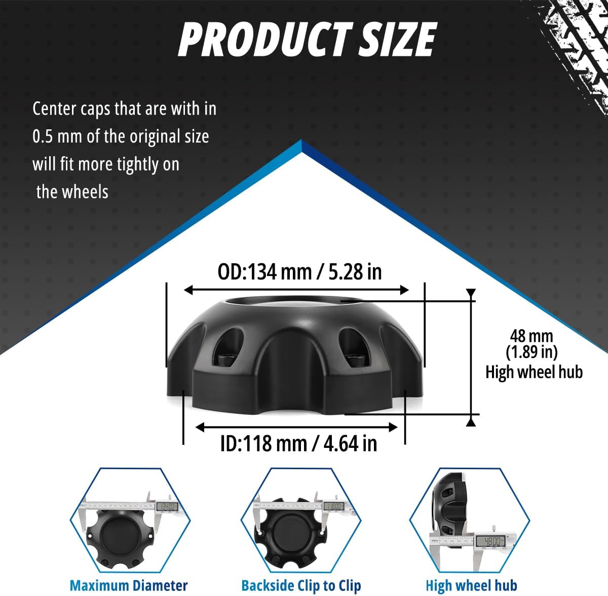 4 Pack 134 mm / 5.28 in Black Wheel Center Caps 6 Lug Kit for Ultra Motorsports, 48 mm / 1.89 in Height Hub Caps, Snap-in Replaces 89-9765 ABS-Plastic Rim Covers