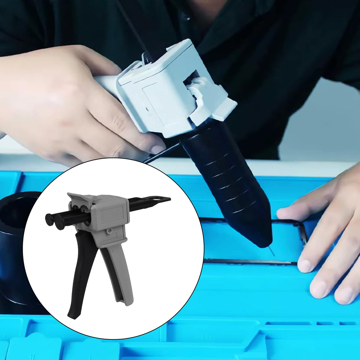 50ml dual cartridge glue dispensing gun, dispensing ratio, front angle view