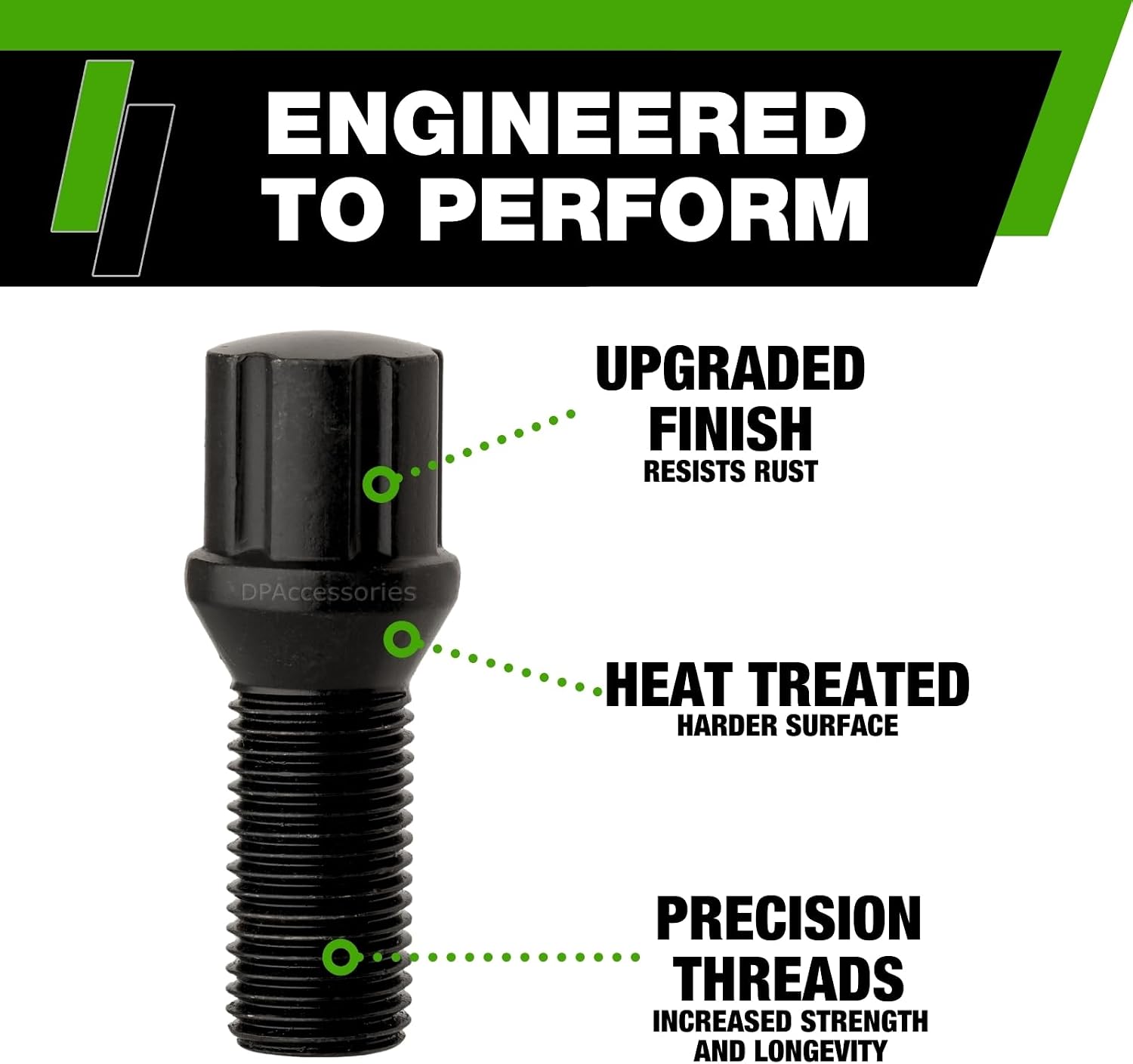 DPAccessories Black M14x1.50 Lug Bolts for Aftermarket Wheels | Spline Bolt | 27mm Shank | Set of 20 | BS27K5HE-BK04020