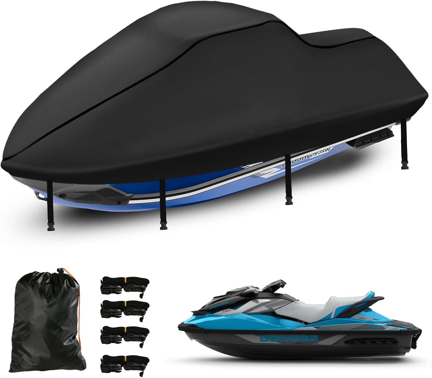 Jet Ski Cover Waterproof,Upgraded Heavy Duty 420D Jet ski Covers with 2 Air Vent Marine Grade UV Resistant (121" to 135" Black)