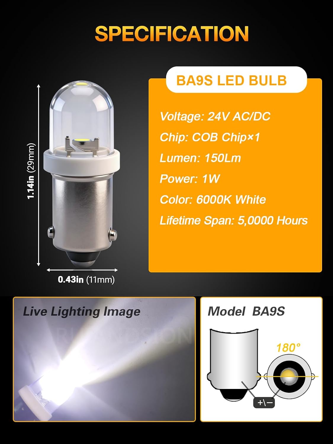 BA9S COB LED Bulb, Canbus Error Free, 24V Non-polarity, Super Bright 6000K White, Replacement for Car Motorcycle Instrument Panel Indicator Pilot Light (8-Pack)