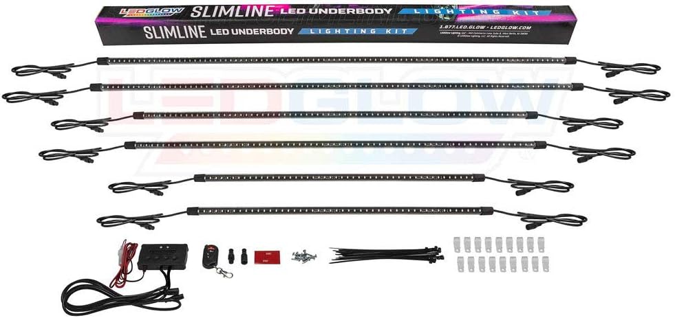 LEDGlow 6pc Multi-Color Truck Slimline LED Underbody Underglow Accent Neon Lighting Kit - 10 Solid Colors - 13 Unique Patterns - Music Mode - Water Resistant Tubes - Includes Control Box & Remote