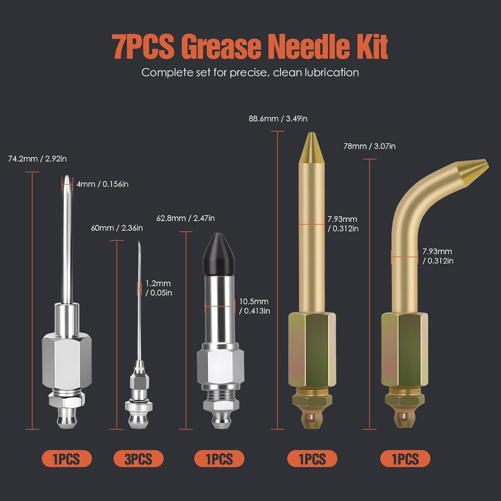 TRILINK Grease Gun Needle Tip Kit – 7PCS Grease Gun Accessory Set with 3 Grease Injector Needle, Grease Needle Dispenser, Rubber Joint Fitting, Bent & Straight Adapter for Bearings & Tight Spaces