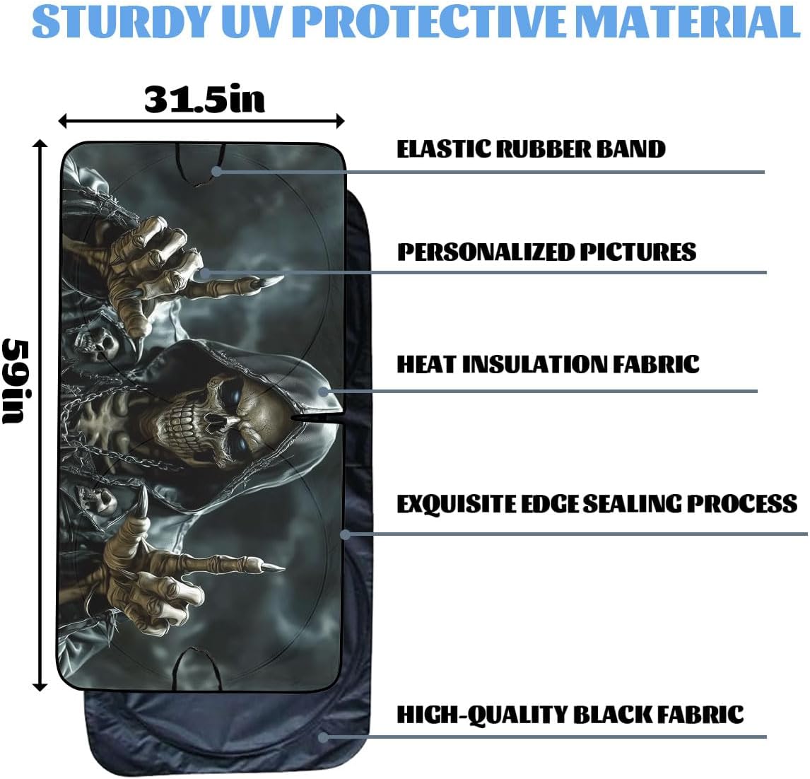 Gothic Car Windshield Sunshades Cool Fantasy Dark Skull Black Art Reaper Front Window Sun Shade Blocks UV Rays Sun Visor Protector for Car Sedan Truck SUV Accessories 59" L x 31.5" W