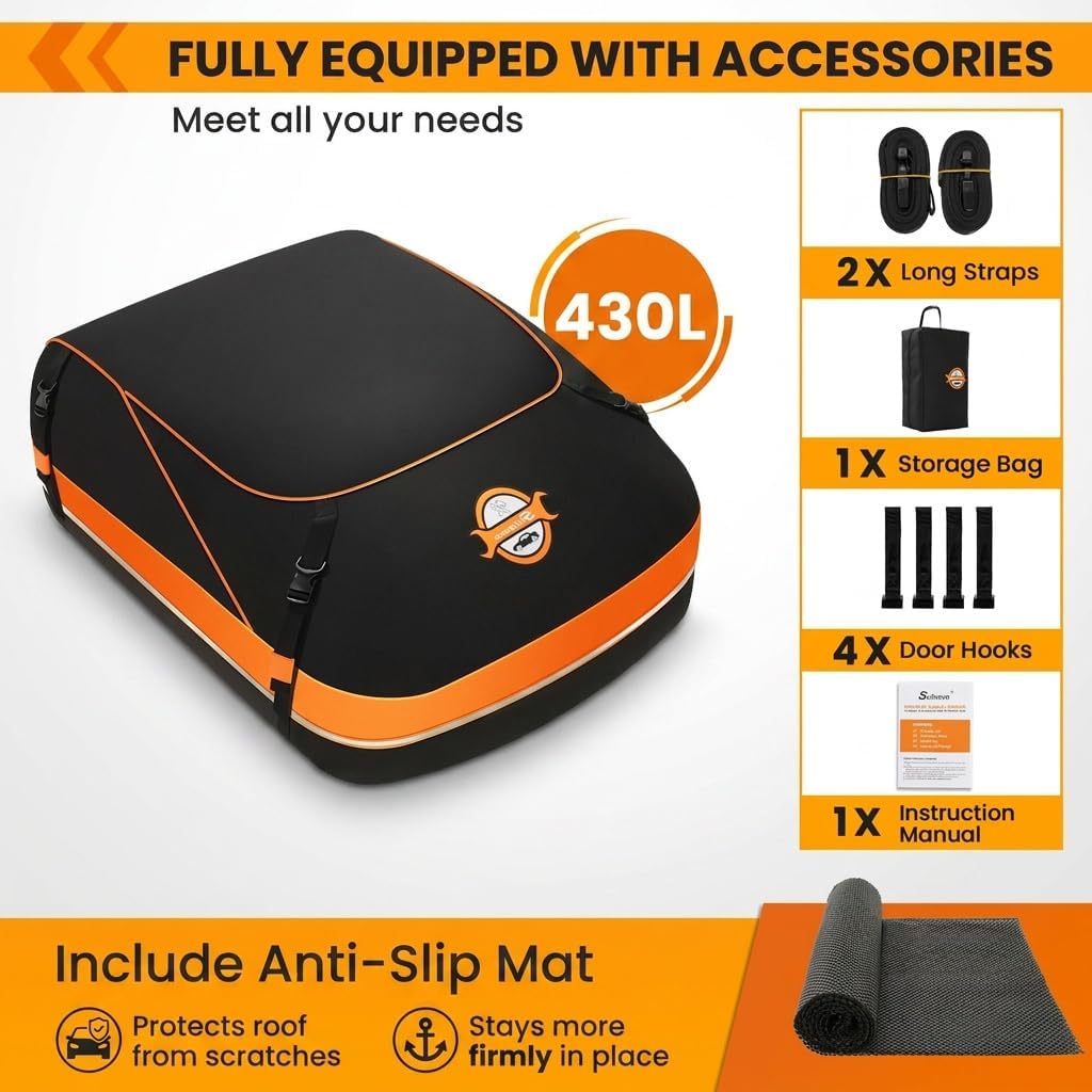 Sailnovo 430 Litre Car Roof Bag, Waterproof Car Roof Storage Box, Heavy Duty Roof Boxes for Cars with Roof Rack or Without Luggage Rack, with Reinforced Straps, Door Hooks and Storage Bag
