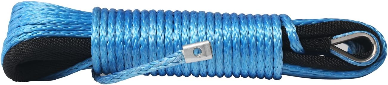 Strong Durable 1/4" x50' 6400Lbs UHMWPE Basic Car Winch Rope with Thimble Sheath and Hook-Blue Color