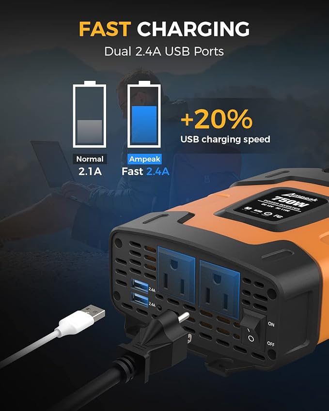 Ampeak 750W Power Inverter 4.8A Dual USB Ports 2 AC Outlets Car Inverter DC 12V - Image 4