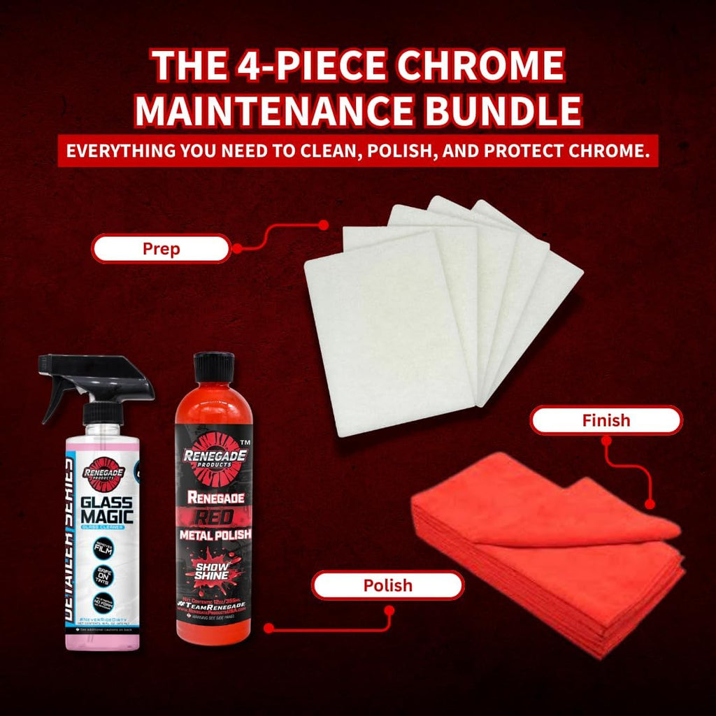 Renegade Products Chrome Maintenece Bundle – Includes Glass Cleaner, Chrome Conditioner, Synthetic Steel Wool & Microfiber Towels – No Machine Needed - for Trucks, Wheels, Metal, Aluminum