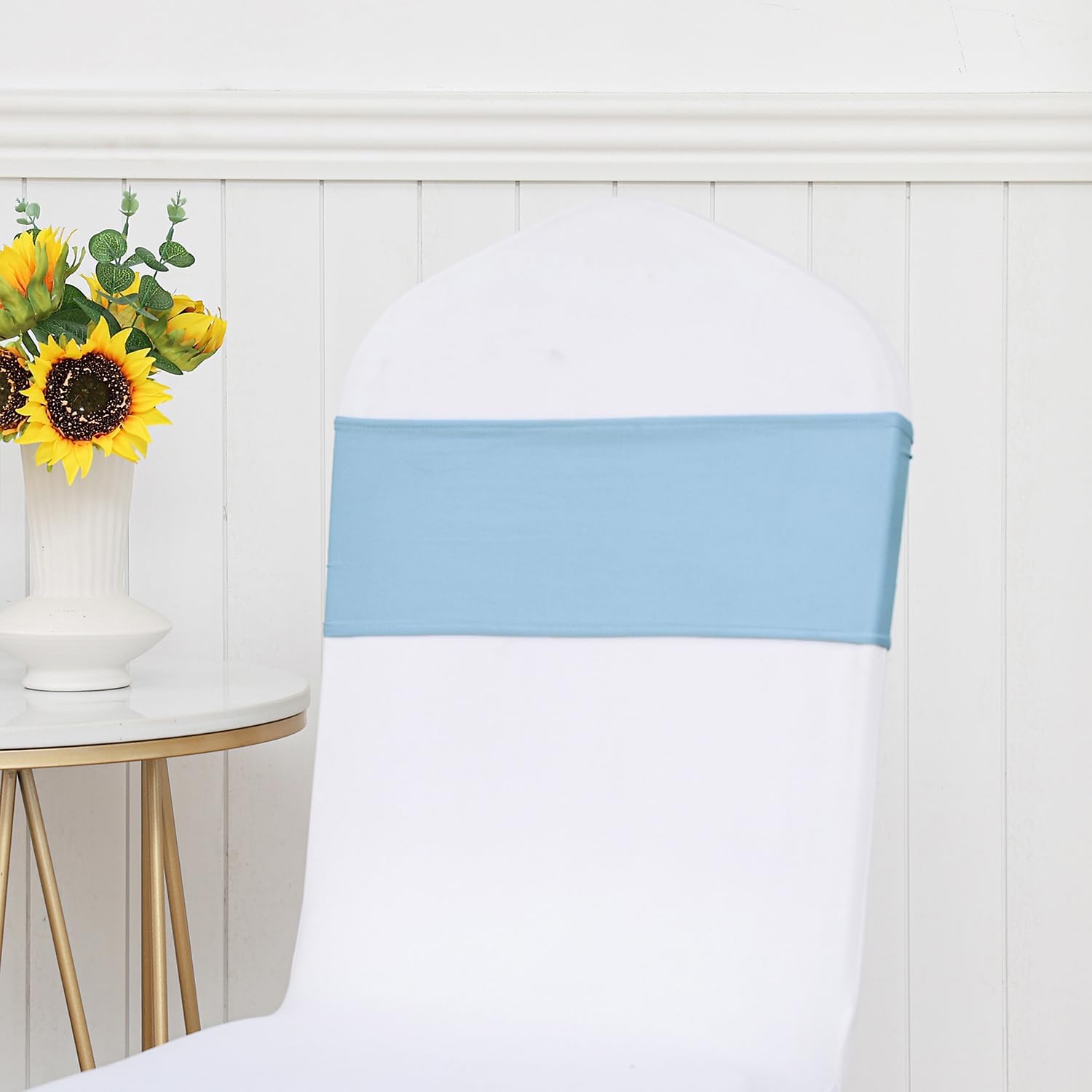 50 Pack Spandex Baby Blue Chair Sashes Bows Stretch Elastic Light Blue Chairs Bands with Buckles Ties for Party Celebration Ceremony Events Wedding Decorations