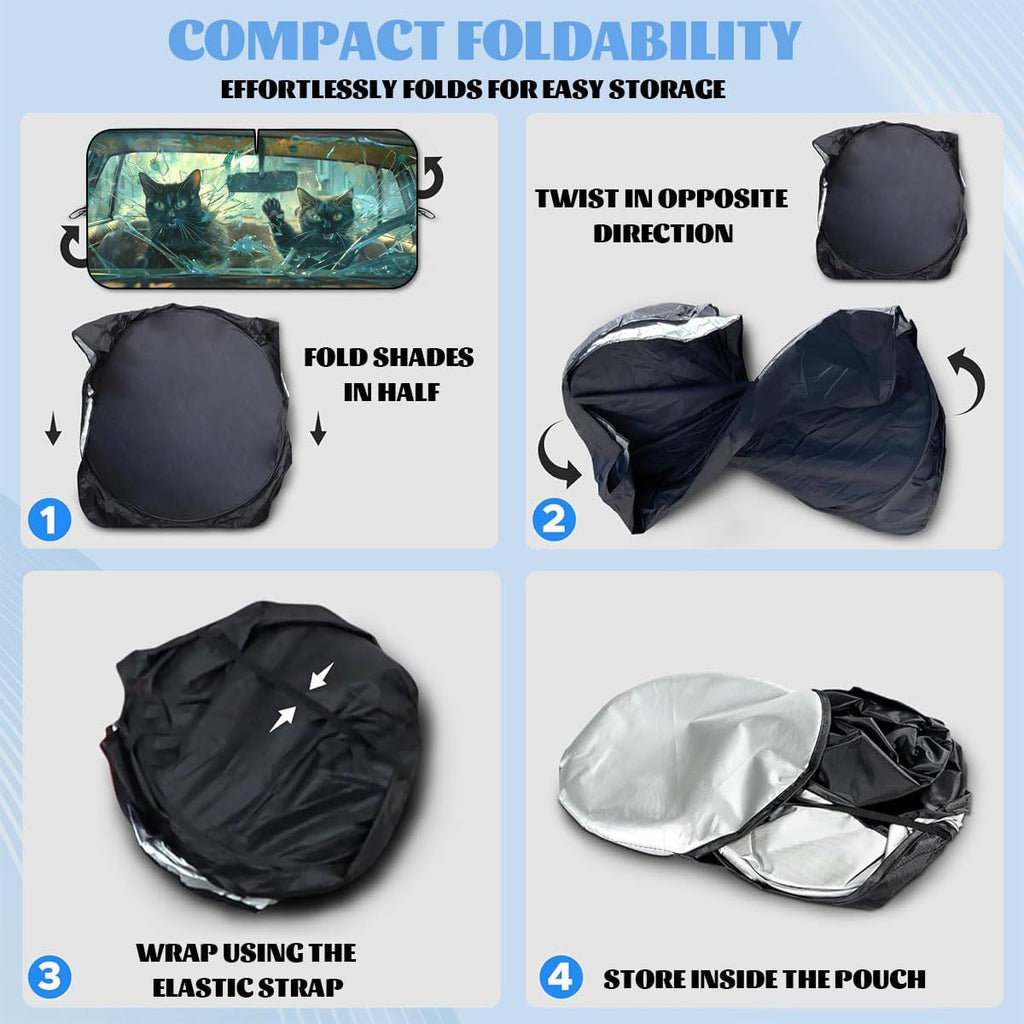 Funny Black Cat Car Windshield Sunshade - Folding 3D Broken Glass Heatshield - Front Window Sun Shade Visor Protector - 59" L x 31.5" W