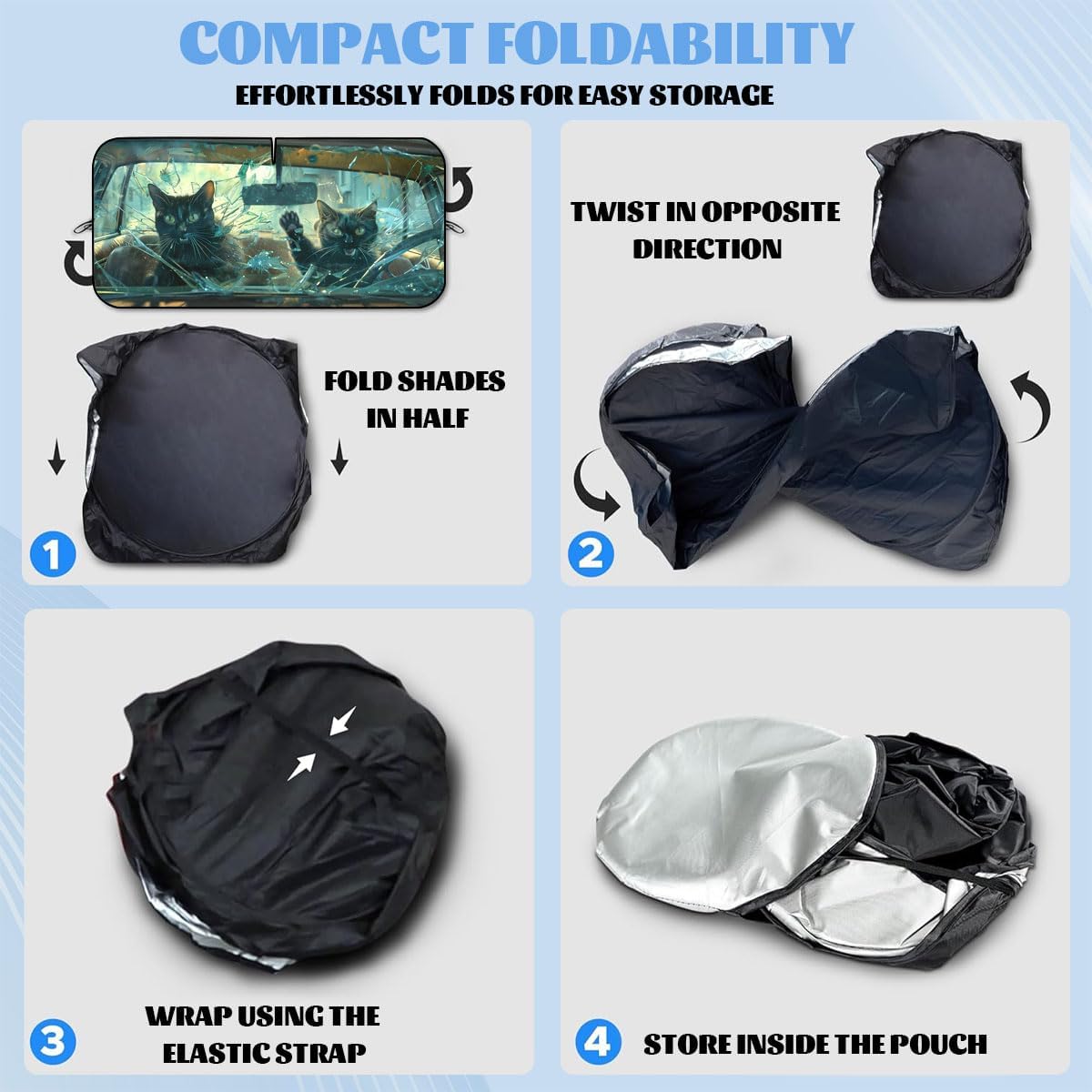 Funny Black Cat Car Windshield Sunshade - Folding 3D Broken Glass Heatshield - Front Window Sun Shade Visor Protector - 59" L x 31.5" W