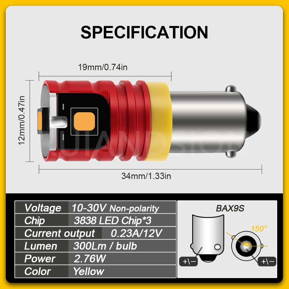 Ruiandsion BAX9S Yellow LED Bulbs 2-Pack, Fits H6W 64132 38161, 10-30V for Instrument Panel, Gauge Cluster, Parking City & Dashboard Courtesy Lights