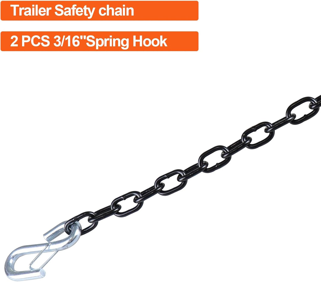3/16"x 27" Grade 30 Steel Black Boat Trailer Safety Chain with 1 Spring Clip Hooks 3200 lbs, 2 Pcs (3/16"x 27")