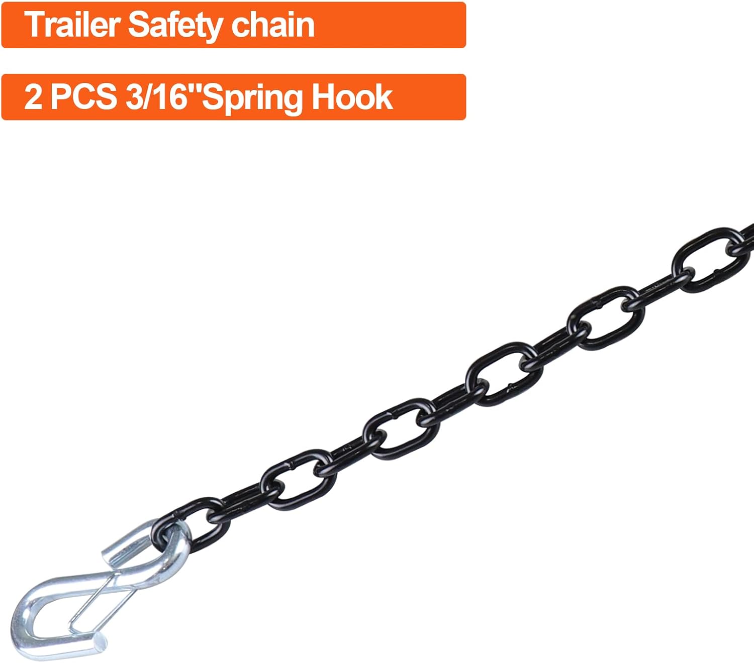 3/16"x 27" Grade 30 Steel Black Boat Trailer Safety Chain with 1 Spring Clip Hooks 3200 lbs, 2 Pcs (3/16"x 27")