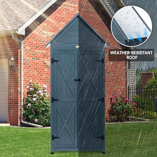 outdoor storage shed with floor & adjustable shelves, side view