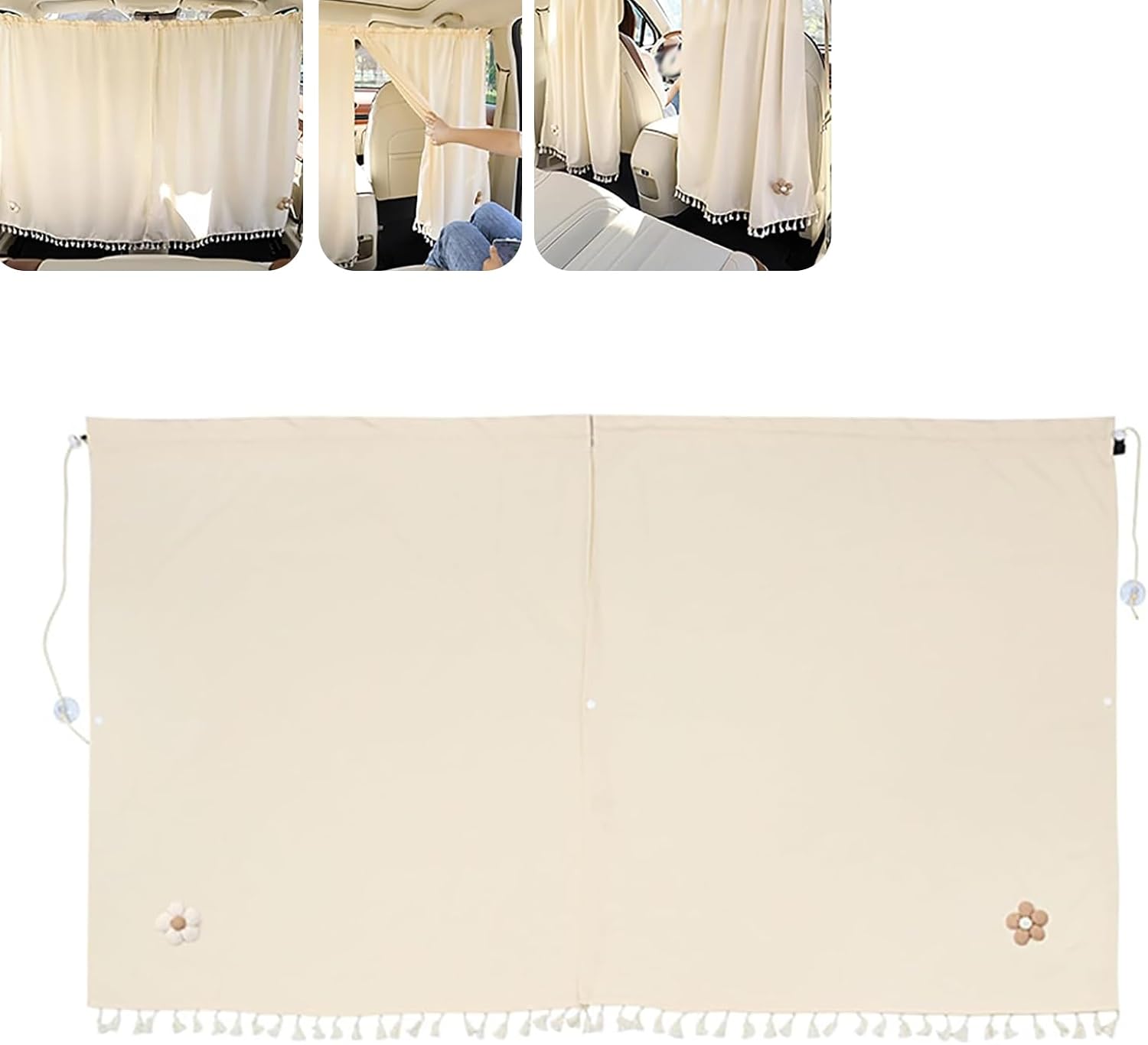 Car Privacy Curtain, Front and Rear Seat Partition Curtain, 3D Floral Tassel Edge Cotton Blackout Curtain, Suitable for Most Sedans (Beige)