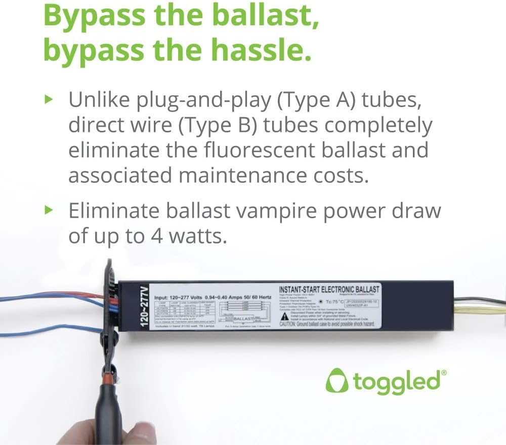 TOGGLED Ultra High Output, 4ft. (12-Pack) Direct-Wire LED Tubes (120-277VAC), 6500K (Daylight Deluxe)