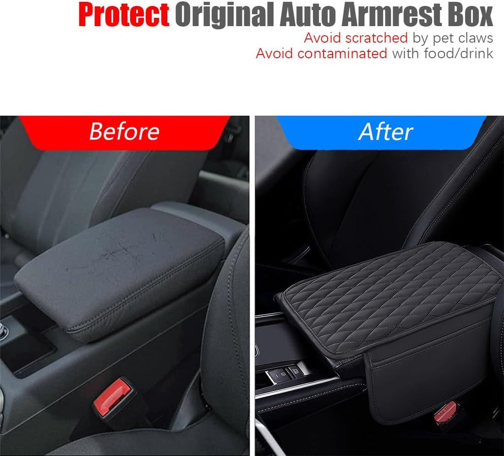 ESKONKE [Upgraded] Car Center Console Cover with 2 Storage Bags - Premium Nappa Leather Armrest Cover, Scratch & Wear Resistant, Waterproof Car Interior Accessories (Black)