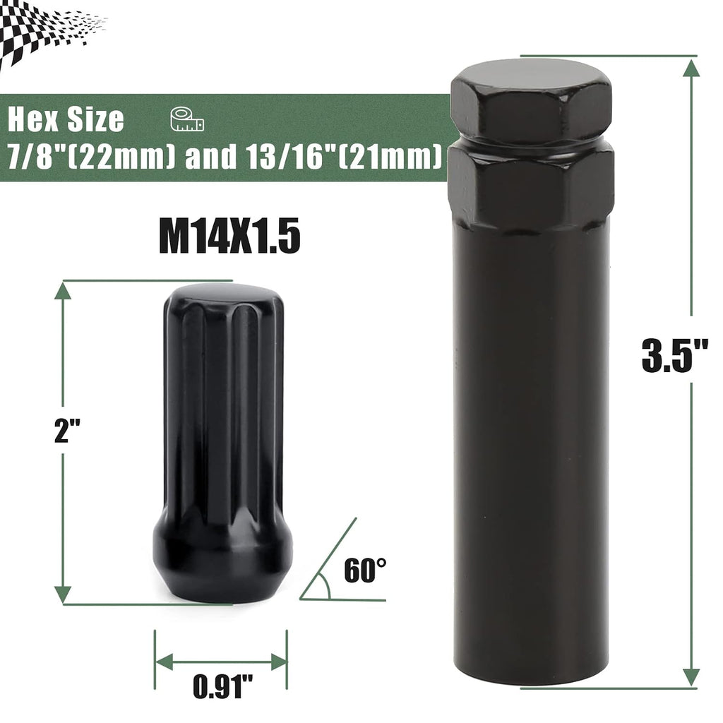 32pcs M14x1.5 Lug Nuts Spline Black, 14x1.5 Aftermarket Wheel Lug Nuts for F150 F250 F350 Silverado Sierra Ram 2500 3500 with 1 Socket Keys Long Extended