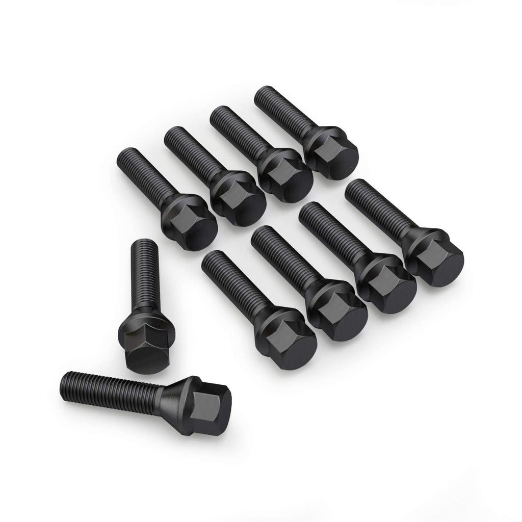 10pcs Extended Lug Bolts - 12x1.5, 42mm Shank (Not OEM Length), Cone Seat - Compatible with BMW 128i 135i 318i 320i 325i 328i 335i M3 525i 528i 530i 535i M5 Z3 Z4 E36 E46 E60 E90 E92 E93 - Black