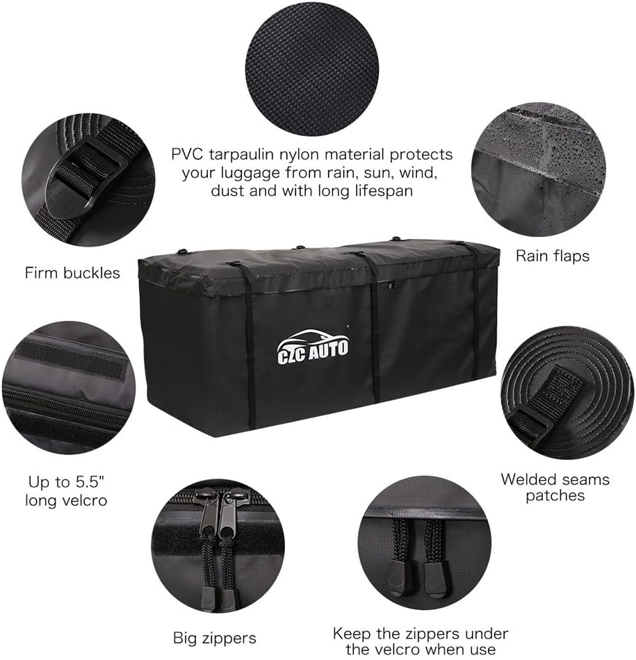 CZC AUTO Hitch Cargo Carrier Bag, 20 cu. ft Waterproof/Rainproof/Weatherproof Cargo Traveling Bag for Car Truck SUV Vans' Hitch Trays and Hitch Baskets, Safe Steady Durable Soft, Black