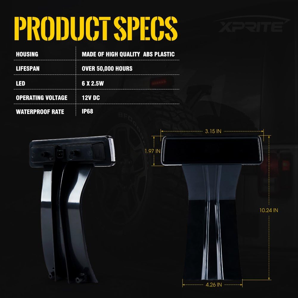 Xprite LED Third Brake Lights w/Smoke Lens High Mount Stop 3rd Tail Light Compatible with 2007-2018 Jeep Wrangler JK JKU