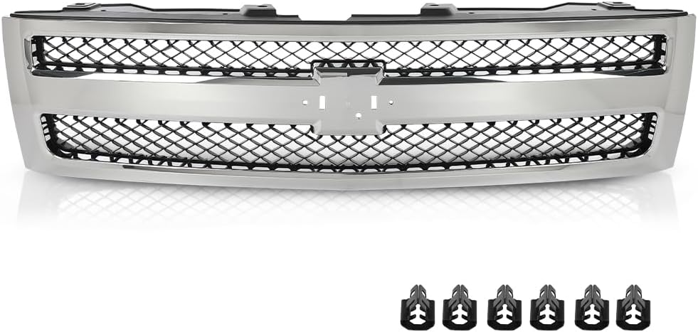 GRAND ORANGE Front Bumper Grille Compatible with Chevy Silverado 1500 Hybrid/XFE 2009-2013, Fit Chevy Silverado 1500 LS/LT/LTZ/WT 2007-2013 Chrome