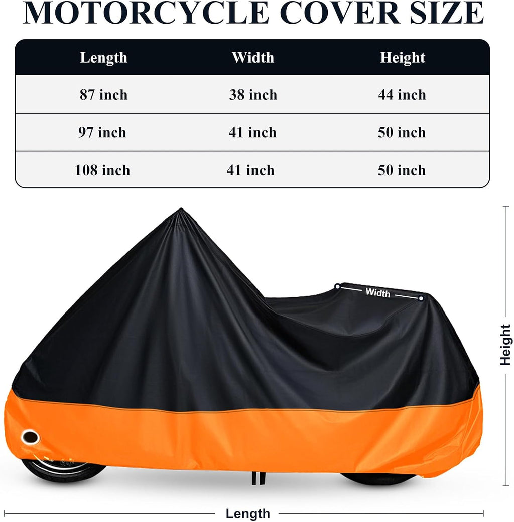 XYZCTEM Motorcycle Cover All Season Black&Orange Waterproof Sun Motorcycle Acessories, Fits up to 108‘’ Harley Davison, Honda, Suzuki, Kawasaki, Yamaha and More