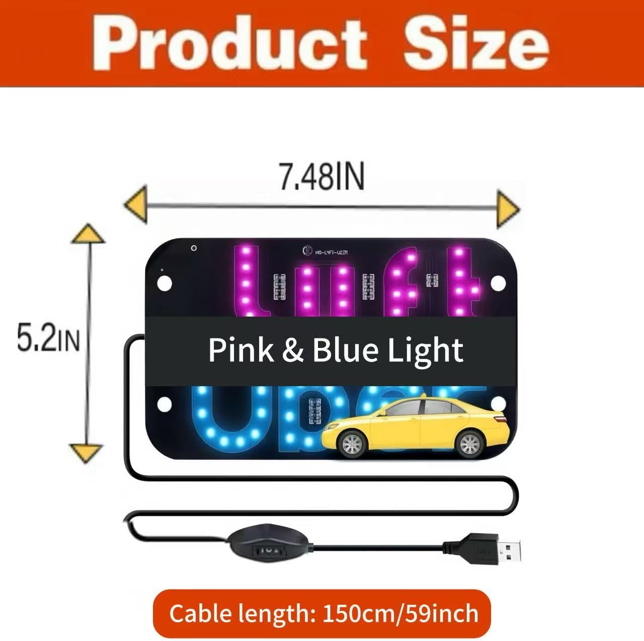 LED Light Sign for Car, Taxi Light Sign Windshield Led Sign, Car Led Sign with Suction Cups & USB Plug, Windshield Taxi Sign Display for Cars, Trucks, SUVs (Pink Blue)