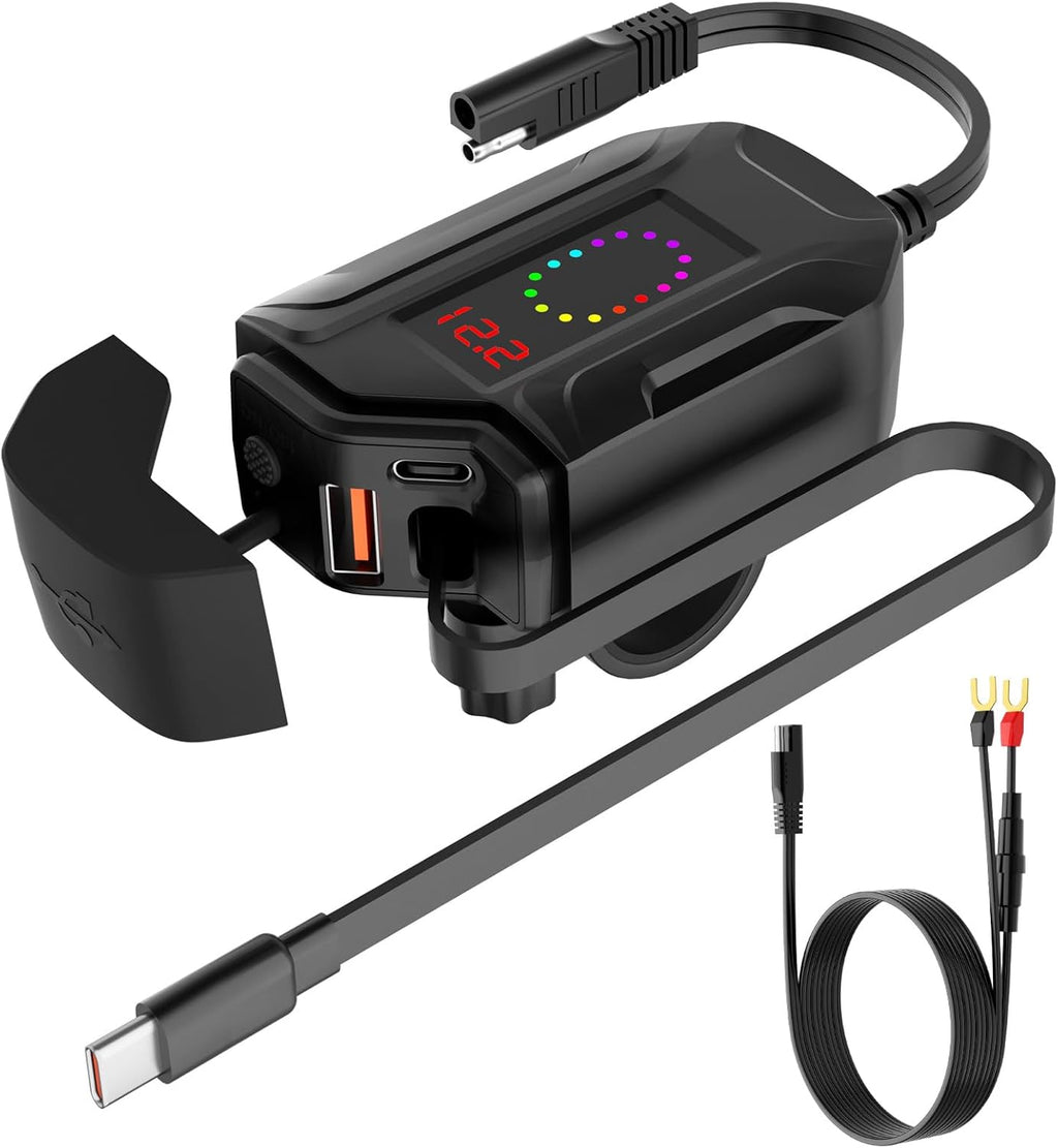 Motorcycle USB Charger, Retractable Type-C & Dual USB Fast Charging, Independent Switch, 3-in-1 SAE to USB Adapter with 1.5m Extension, LED Voltmeter, Waterproof for Dirt Bike, ATV, UTV