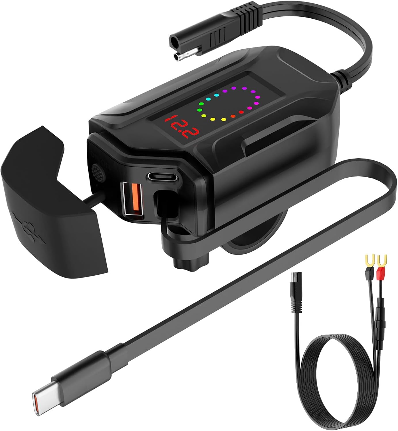 Motorcycle USB Charger, Retractable Type-C & Dual USB Fast Charging, Independent Switch, 3-in-1 SAE to USB Adapter with 1.5m Extension, LED Voltmeter, Waterproof for Dirt Bike, ATV, UTV