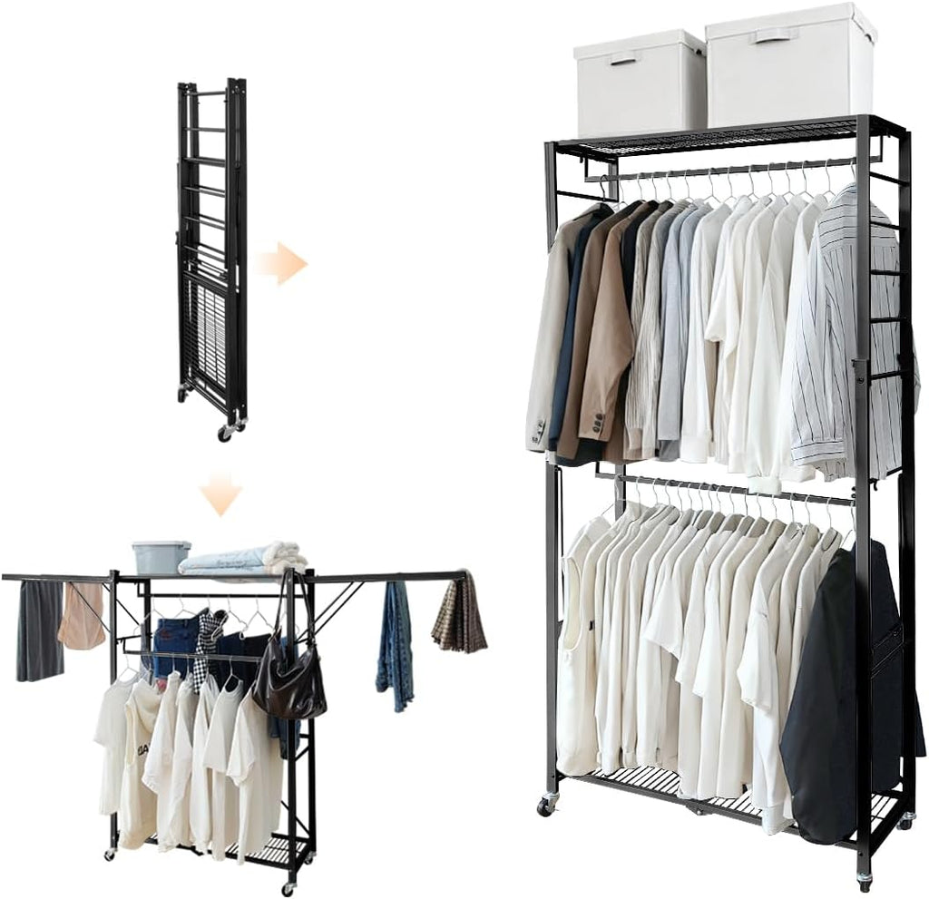 lumizone folding clothing rack with wheels expandable black, main product view