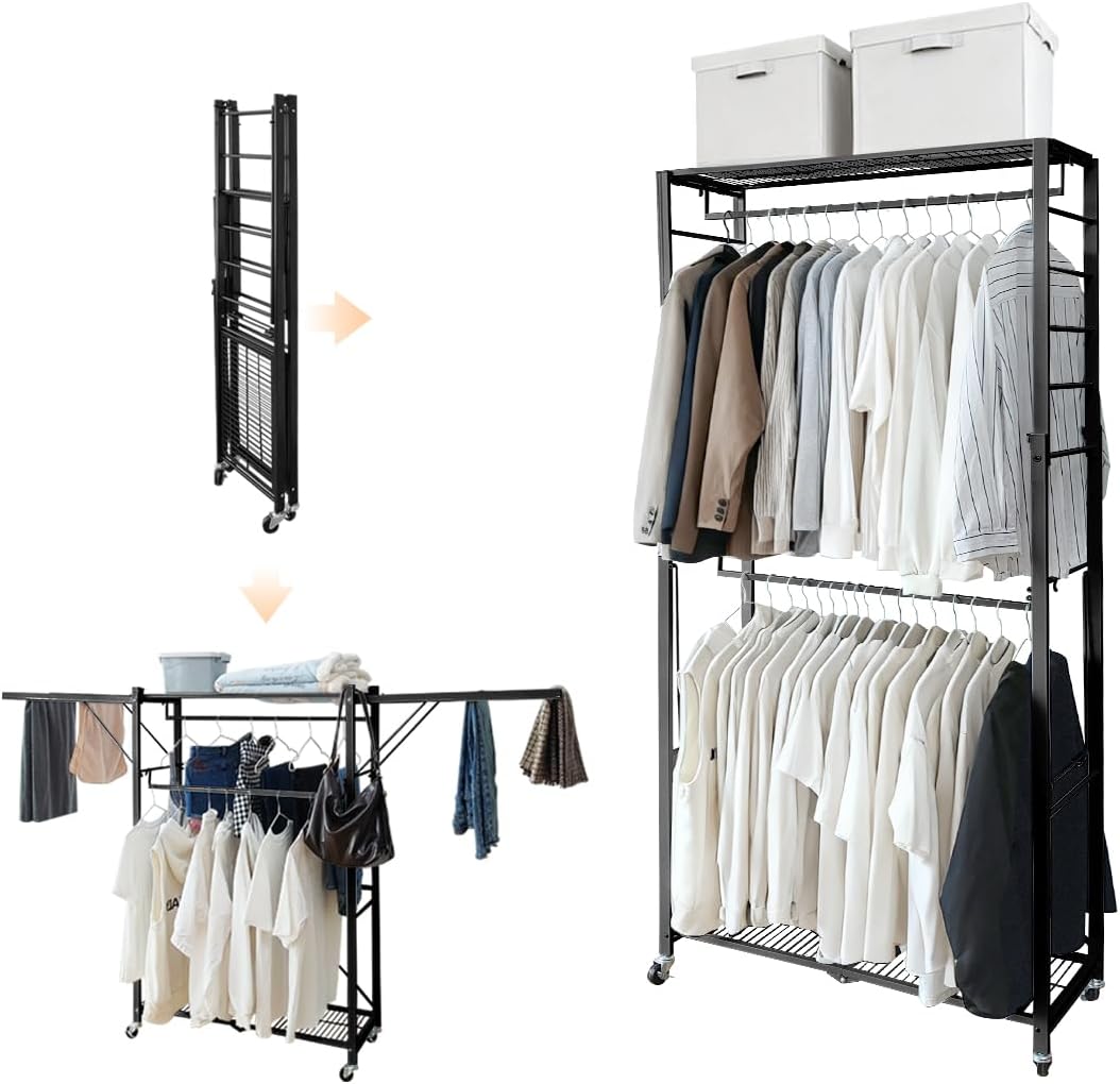 lumizone folding clothing rack with wheels expandable black, main product view
