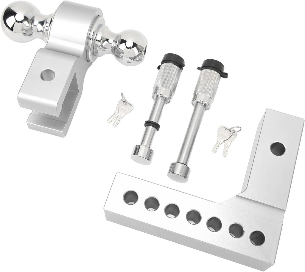 Adjustable Trailer Hitch 6in Drop Rise, Heavy - Duty Stainless Steel Receiver Hitch Kit for 2in Trailer Towing, 12500 LBS Capacity with Traction Hook (Electroplated Silver)