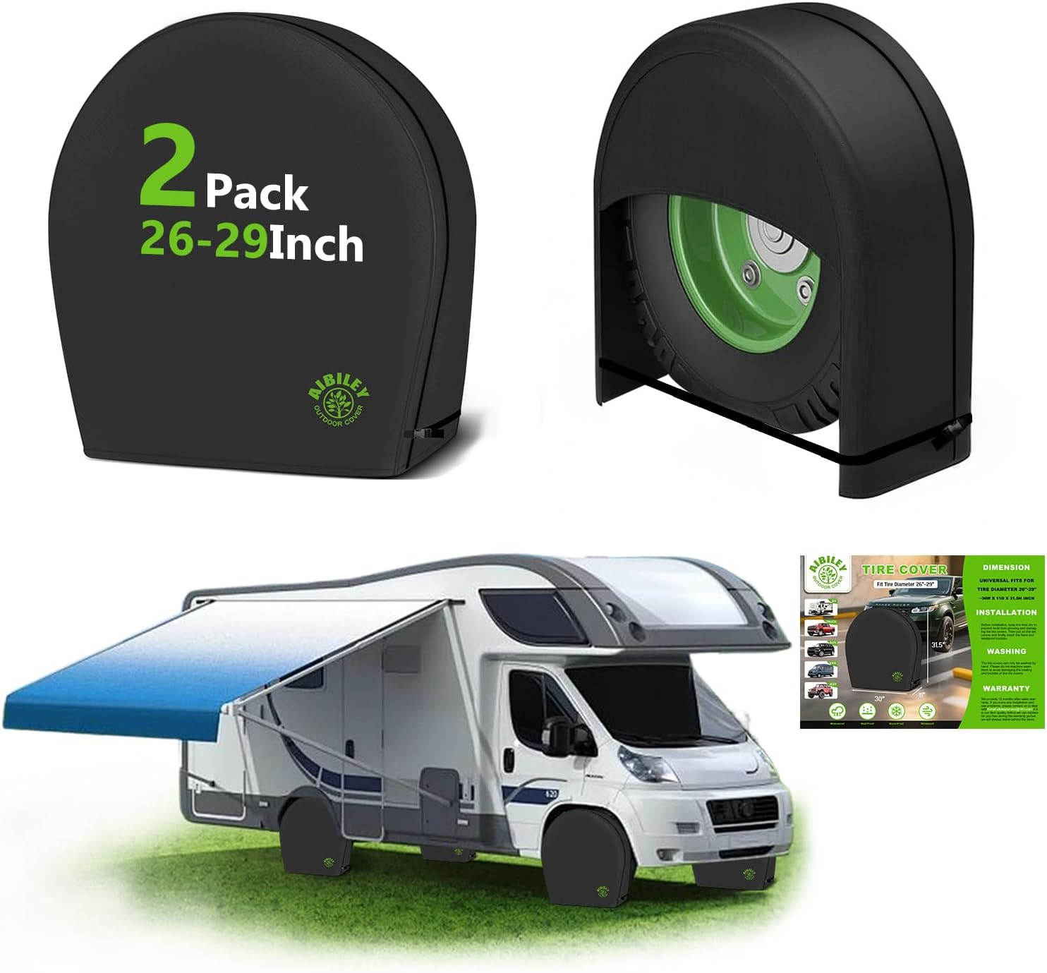 RV Tire Covers Sets of 2,Heavy Duty 600D Polyester Oxford Cloth,26-29Inch | Wheel Tire Covers for Trailers Travel Camper Truck SUV Van,Waterproof,Tear-Resistant,Anti-UV,Snow Protection,Black