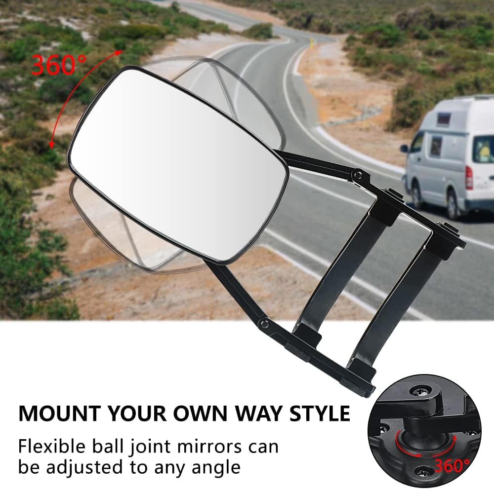 Universal Clip-on Towing Mirrors Extended Mirrors for Towing 360 Degree Rotation Adjustable Towing Mirror, Black, 2 Pieces