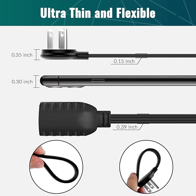 Elecan Flat Plug Extension Cord 3 Ft 2 Pack - Image 2