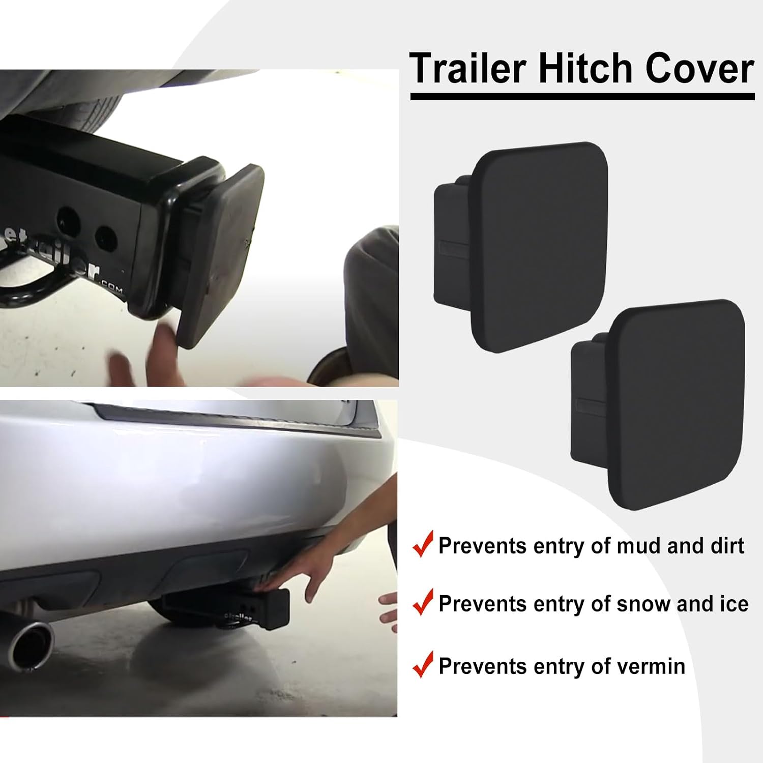 2 Pack Trailer Hitch Cover 2 Inch Black Rubber Tow Receiver Tube Plug Cap Fits for 2" x 2" Square Receiver Tube Insert Fits for Class 3 4 5 to-yota F-ord GMC Che-vy Je-ep Le-xus Mer-cedes