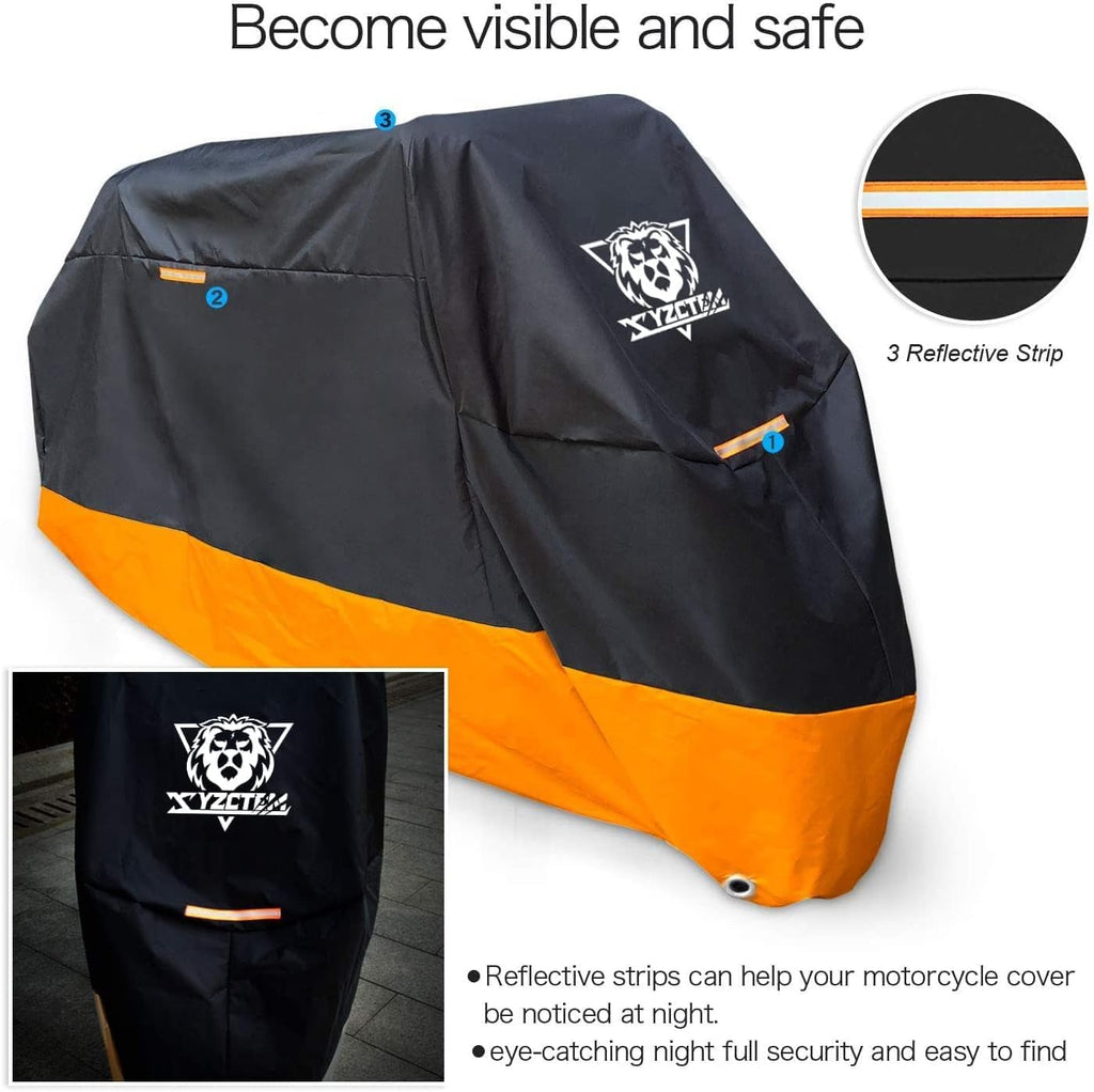XYZCTEM Motorcycle Cover – All Season Waterproof Outdoor Protection – Precision Fit up to 96.5 Inch Tour Bikes, Choppers and Cruisers – Protect Against Dust, Debris, Rain and Weather(XL,Black& Orange)