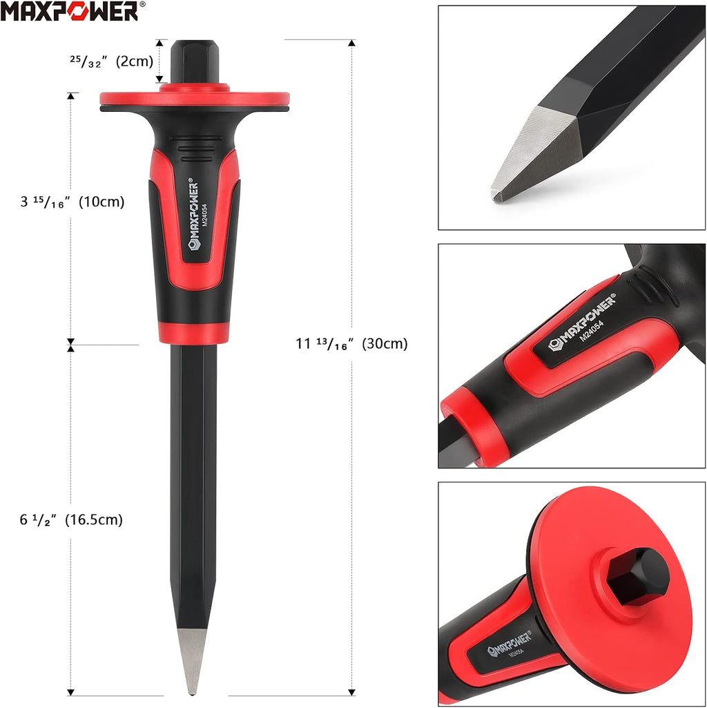 maxpower masonry chisels, 11" point chisel, flat chisels, side view