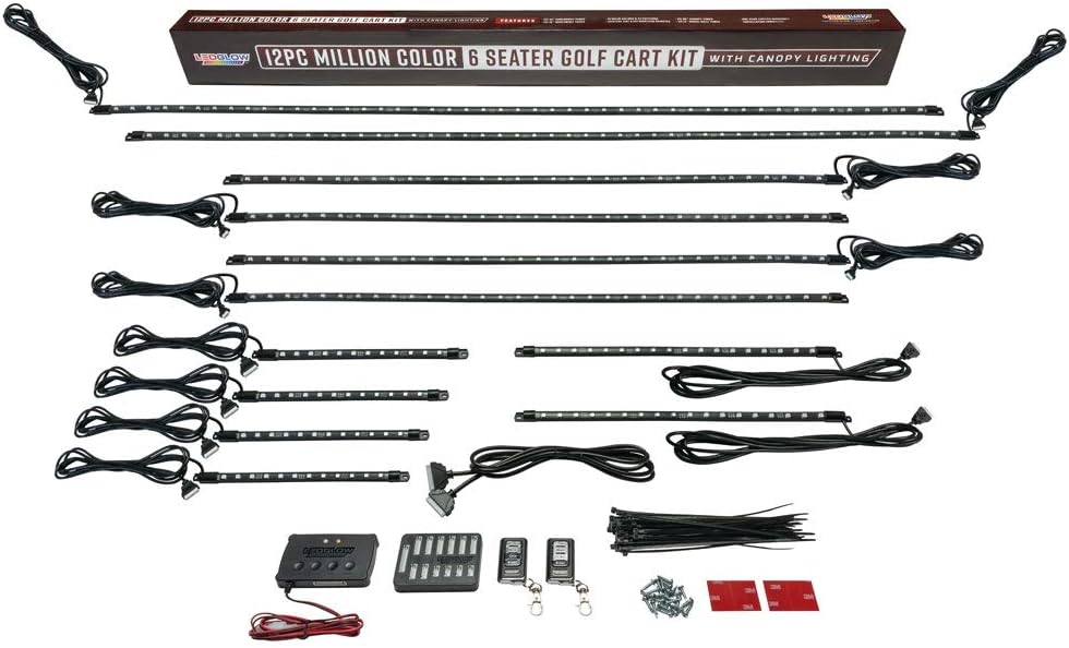 LEDGlow 12pc Million Color LED 6-Seater Limo Golf Cart Underglow Neon Lighting Kit w/Canopy & Wheel Well Lights Fits EZGO, Yamaha, Club Car, ICON, Evolution, Tomblerin, Star EV - for 12-Volt Battery
