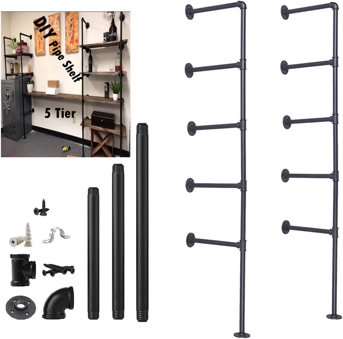 5 tier industrial wall mount iron pipe shelf, main product view