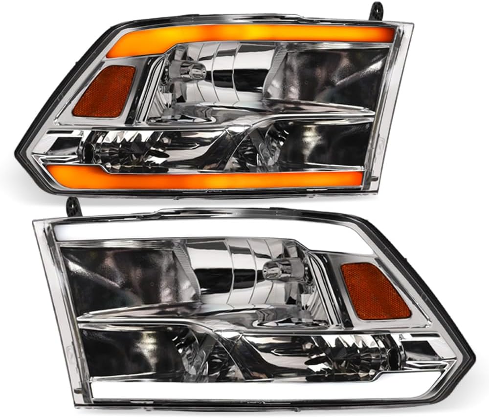 Switchback Sequential LED Strip Tube Bar Chrome Housing Crystal Headlights Signal Lamps Amber Reflector nb Compatible With 09-18 Dodge Ram 1500/19-24 Classic / 10-18 2500 3500