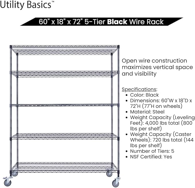 60"x18"x72" Black 5-Tier Premium Wire Shelving NSF 4000 LBS MAX Capacity Heavy - Image 5